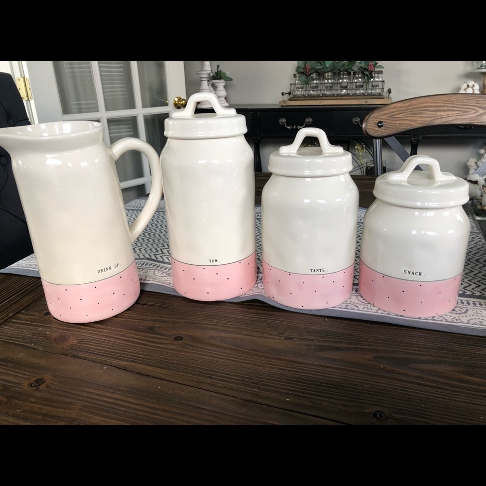 Rae Dunn Pink Polka Dot Cannisters (3) & pitcher